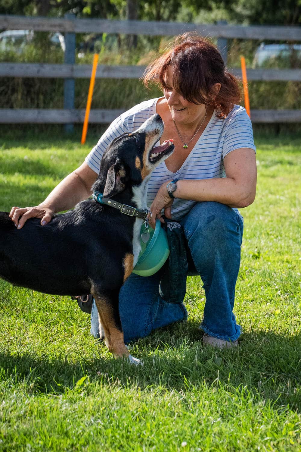Hund und Halterin auf der Hundewiese
