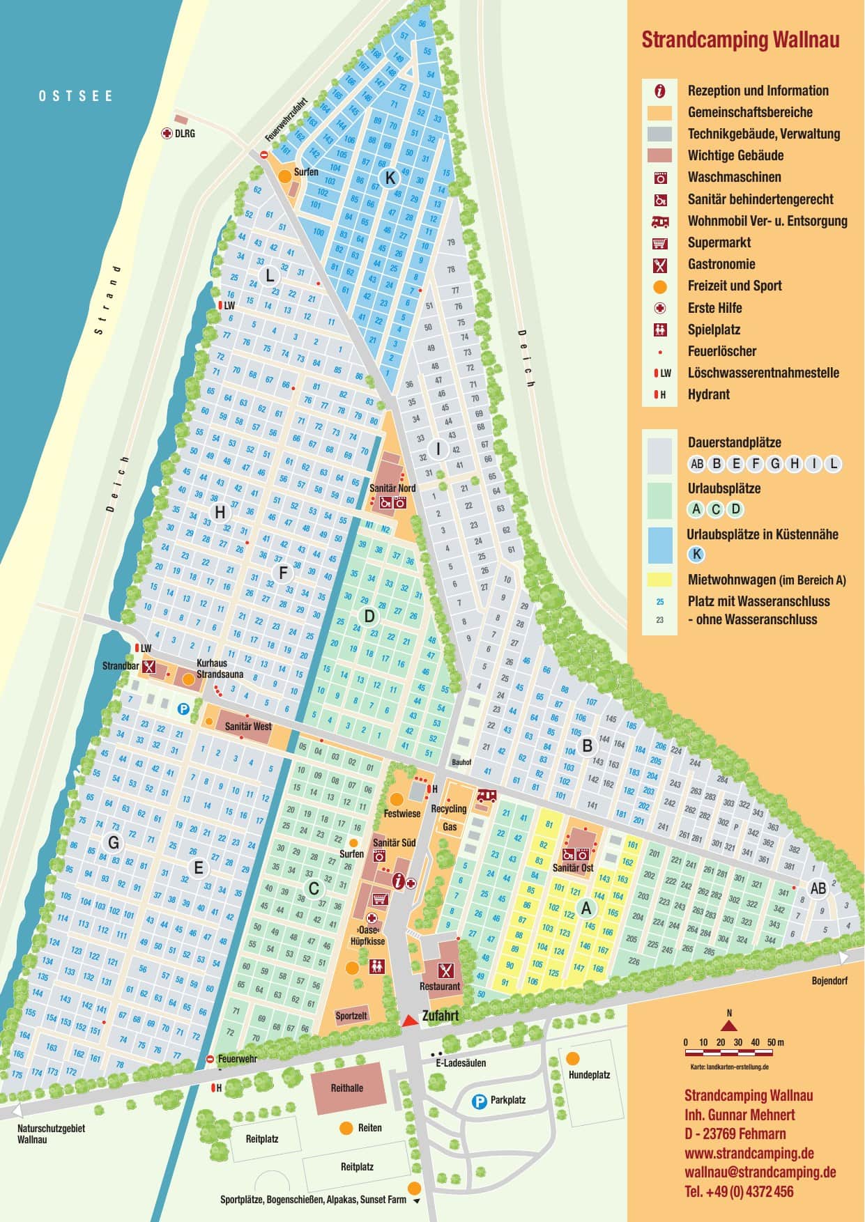 Plan du Strandcamping Wallnau 2026 avec les catégories d'emplacement, les blocs sanitaires, l'aire de jeux, le Wellnesshaus et la supérette