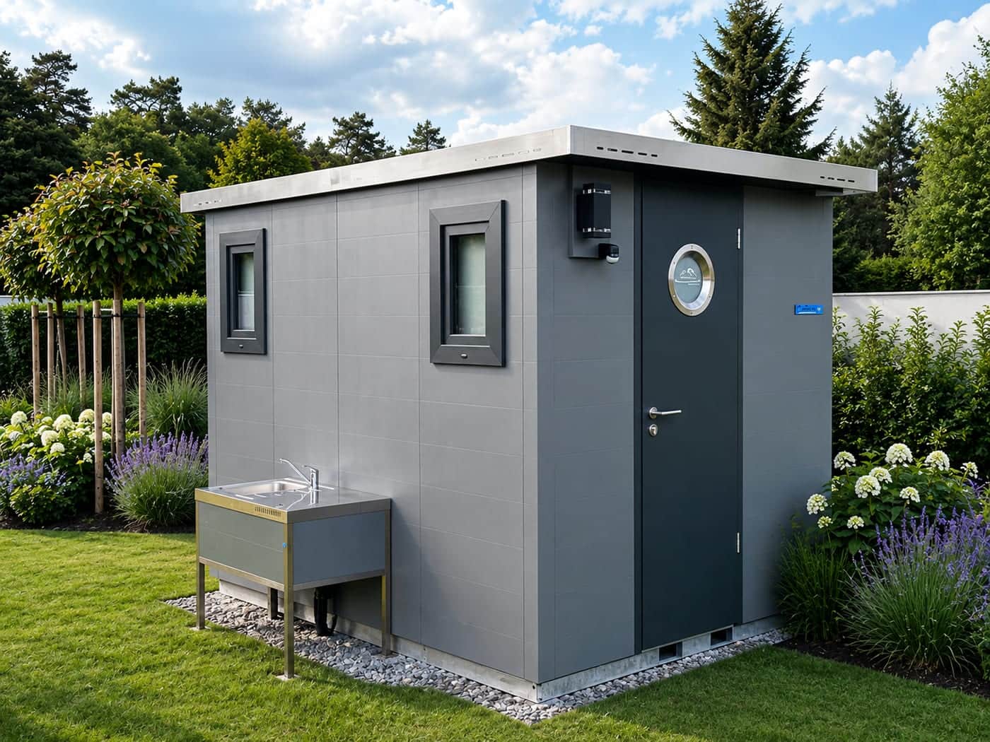 Free-standing sanitary cabin with a flat roof and an outdoor basin, view from the manufacturer