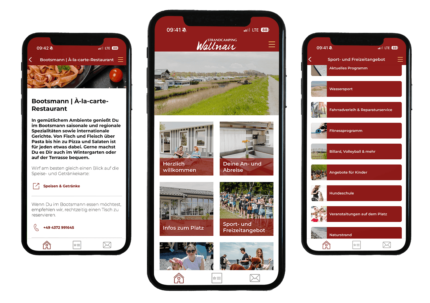 Three views of the Strandcamping app: home screen, Restaurant Bootsmann and the sport and leisure programme